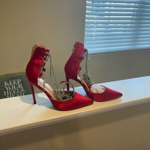 NWT FASHION NOVA Elegant Red Stiletto Heels w/Silver Rhinestone STRAPS/zip up